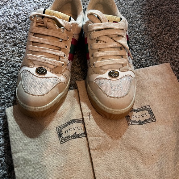 Gucci GG Screener Distressed Canvas Leather Tan White Beige Sneaker | 37.5 - Picture 8 of 10